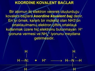 KOORDİNE KOVALENT BAĞLAR

  Bir atomun iki elektron vererek oluşturduğu
kovalent bağlara koordine kovalent bağ denir.
 En iyi örnek; kararlı bir molekül olan NH3’ün
    ortaklaşılmamış elektron çiftini,ortaklaşa
kullanmak üzere hiç elektronu bulunmayan H+
 iyonuna vermesi ve NH4+ iyonunu meydana
                  getirmesidir.


         H                      H
         ⏐                      ⏐+
      H ⎯N:      +   H+   ⎯⎯→ H⎯N ⎯H
         ⏐                      ⏐
         H                       H
 