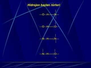 Hidrojen bağları türleri:

                    ⏐
         ⎯O⎯H------:N⎯
                    ⏐

                    ⏐
         ⎯O⎯H------:O⎯


                    ⏐
         ⎯N⎯H------:N⎯
                    ⏐


          ⏐         ⏐
         ⎯N⎯H------:O⎯
                    ..
 