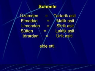 Scheele
Üzümden    = Tartarik asit
Elmadan     = Malik asit
Limondan    = Sitrik asit
Sütten    =   Laktik asit
 İdrardan  =  Ürik asiti

         elde etti.
 