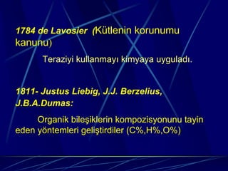 1784 de Lavosier (Kütlenin korunumu
kanunu)
      Teraziyi kullanmayı kimyaya uyguladı.


1811- Justus Liebig, J.J. Berzelius,
J.B.A.Dumas:
     Organik bileşiklerin kompozisyonunu tayin
eden yöntemleri geliştirdiler (C%,H%,O%)
 
