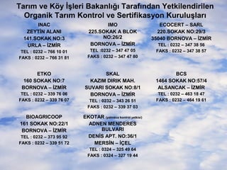 Tarım ve Köy İşleri Bakanlığı Tarafından Yetkilendirilen
Organik Tarım Kontrol ve Sertifikasyon Kuruluşları
INAC
ZEYTİN ALANI
141.SOKAK NO:3
URLA – İZMİR

IMO
225.SOKAK A BLOK
NO:26/2
BORNOVA – İZMİR

TEL : 0232 – 766 10 01
FAKS : 0232 – 766 31 81

TEL :0232 – 347 47 05
FAKS : 0232 – 347 47 80

ETKO
160 SOKAK NO:7
BORNOVA – İZMİR

SKAL
KAZIM DIRIK MAH.
SUVARI SOKAK NO:8/1
BORNOVA – İZMİR

TEL : 0232 – 339 76 06
FAKS : 0232 – 339 76 07

BIOAGRICOOP
161 SOKAK NO:22/1
BORNOVA – İZMİR
TEL : 0232 – 373 95 92
FAKS : 0232 – 339 51 72

TEL : 0232 – 343 26 51
FAKS : 0232 – 339 37 03

EKOTAR (yalnızca kontrol yetkisi)
ADNEN MENDERES
BULVARI
DENİS APT. NO:36/1
MERSİN – İÇEL
TEL : 0324 – 325 49 64
FAKS : 0324 – 327 19 44

ECOCERT – SARL
220.SOKAK NO:29/3
35040 BORNOVA – İZMİR
TEL : 0232 – 347 38 56
FAKS : 0232 – 347 38 57

BCS
1464 SOKAK NO:57/4
ALSANCAK – İZMİR
TEL : 0232 – 463 18 47
FAKS : 0232 – 464 19 61

 
