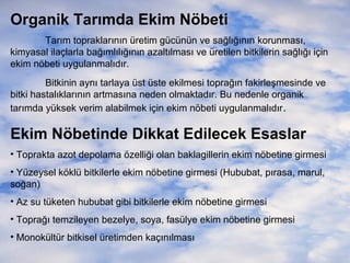 Organik Tarımda Ekim Nöbeti
Tarım topraklarının üretim gücünün ve sağlığının korunması,
kimyasal ilaçlarla bağımlılığının azaltılması ve üretilen bitkilerin sağlığı için
ekim nöbeti uygulanmalıdır.
Bitkinin aynı tarlaya üst üste ekilmesi toprağın fakirleşmesinde ve
bitki hastalıklarının artmasına neden olmaktadır. Bu nedenle organik
tarımda yüksek verim alabilmek için ekim nöbeti uygulanmalıdır .

Ekim Nöbetinde Dikkat Edilecek Esaslar
• Toprakta azot depolama özelliği olan baklagillerin ekim nöbetine girmesi
• Yüzeysel köklü bitkilerle ekim nöbetine girmesi (Hububat, pırasa, marul,
soğan)
• Az su tüketen hububat gibi bitkilerle ekim nöbetine girmesi
• Toprağı temzileyen bezelye, soya, fasülye ekim nöbetine girmesi
• Monokültür bitkisel üretimden kaçınılması

 