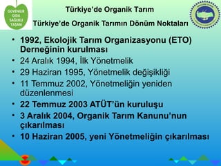 Türkiye’de Organik Tarım 
Türkiye’de Organik Tarımın Dönüm Noktaları 
• 1992, Ekolojik Tarım Organizasyonu (ETO) 
Derneğinin kurulması 
• 24 Aralık 1994, İlk Yönetmelik 
• 29 Haziran 1995, Yönetmelik değişikliği 
• 11 Temmuz 2002, Yönetmeliğin yeniden 
düzenlenmesi 
• 22 Temmuz 2003 ATÜT’ün kuruluşu 
• 3 Aralık 2004, Organik Tarım Kanunu’nun 
çıkarılması 
• 10 Haziran 2005, yeni Yönetmeliğin çıkarılması 
 