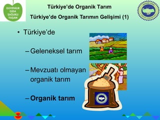 Türkiye’de Organik Tarım 
Türkiye’de Organik Tarımın Gelişimi (1) 
• Türkiye’de 
–Geleneksel tarım 
–Mevzuatı olmayan 
organik tarım 
–Organik tarım 
 