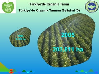 Türkiye’de Organik Tarım 
Türkiye’de Organik Tarımın Gelişimi (3) 
1996 
6,789 ha 2005 
203,811 ha 
 