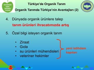 Türkiye’de Organik Tarım 
Organik Tarımda Türkiye’nin Avantajları (2) 
4. Dünyada organik ürünlere talep 
tarım ürünleri ihracatımızda artış 
5. Özel bilgi isteyen organik tarım 
• Ziraat 
• Gıda 
• su ürünleri mühendisleri 
• veteriner hekimler 
yeni istihdam 
kapıları 
 