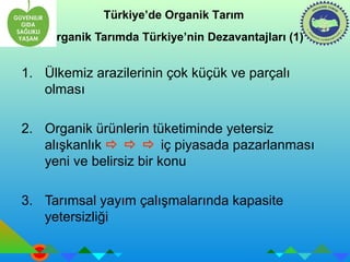 Türkiye’de Organik Tarım 
Organik Tarımda Türkiye’nin Dezavantajları (1) 
1. Ülkemiz arazilerinin çok küçük ve parçalı 
olması 
2. Organik ürünlerin tüketiminde yetersiz 
alışkanlık    iç piyasada pazarlanması 
yeni ve belirsiz bir konu 
3. Tarımsal yayım çalışmalarında kapasite 
yetersizliği 
 