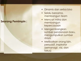 Seorang Pemimpin : 
• Dinamis dan serba bisa 
• Selalu bersama, 
membangun team 
• Mencari mitra dan 
membangun 
kepercayaan 
• Mengembangkan 
sumber pendanaan baru, 
mengumpulkan sumber 
daya 
• Melibatkan orang lain, 
persuasif, inspirator 
(semanagt, visi, dan 
fokus) 
 