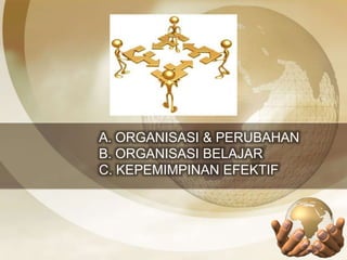 A. ORGANISASI & PERUBAHAN 
B. ORGANISASI BELAJAR 
C. KEPEMIMPINAN EFEKTIF 
 