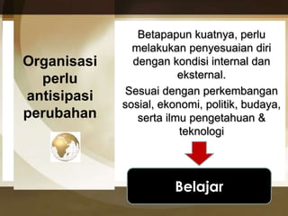 Organisasi 
perlu 
antisipasi 
perubahan 
Betapapun kuatnya, perlu 
melakukan penyesuaian diri 
dengan kondisi internal dan 
eksternal. 
Sesuai dengan perkembangan 
sosial, ekonomi, politik, budaya, 
serta ilmu pengetahuan & 
teknologi 
Belajar 
 
