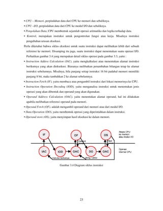 23
• CPU – Memori, perpindahan data dari CPU ke memori dan sebaliknya.
• CPU –I/O, perpindahan data dari CPU ke modul I/O dan sebaliknya.
• Pengolahan Data, CPU membentuk sejumlah operasi aritmatika dan logika terhadap data.
• Kontrol, merupakan instruksi untuk pengontrolan fungsi atau kerja. Misalnya instruksi
pengubahan urusan eksekusi.
Perlu diketahui bahwa siklus eksekusi untuk suatu instruksi dapat melibatkan lebih dari sebuah
referensi ke memori. Disamping itu juga, suatu instruksi dapat menentukan suatu operasi I/O.
Perhatikan gambar 3.4 yang merupakan detail siklus operasi pada gambar 3.3, yaitu :
• Instruction Addess Calculation (IAC), yaitu mengkalkulasi atau menentukan alamat instruksi
berikutnya yang akan dieksekusi. Biasanya melibatkan penambahan bilangan tetap ke alamat
instruksi sebelumnya. Misalnya, bila panjang setiap instruksi 16 bit padahal memori memiliki
panjang 8 bit, maka tambahkan 2 ke alamat sebelumnya.
• Instruction Fetch (IF), yaitu membaca atau pengambil instruksi dari lokasi memorinya ke CPU.
• Instruction Operation Decoding (IOD), yaitu menganalisa instruksi untuk menentukan jenis
operasi yang akan dibentuk dan operand yang akan digunakan.
• Operand Address Calculation (OAC), yaitu menentukan alamat operand, hal ini dilakukan
apabila melibatkan referensi operand pada memori.
• Operand Fetch (OF), adalah mengambil operand dari memori atau dari modul I/O.
• Data Operation (DO), yaitu membentuk operasi yang diperintahkan dalam instruksi.
• Operand store (OS), yaitu menyimpan hasil eksekusi ke dalam memori.
Gambar 3.4 Diagram siklus instruksi
 