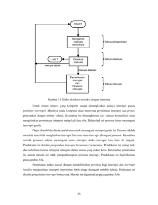25
Gambar 3.5 Siklus eksekusi instruksi dengan interrupt
Untuk sistem operasi yang kompleks sangat dimungkinkan adanya interupsi ganda
(multiple interrupt). Misalnya suatu komputer akan menerima permintaan interupsi saat proses
pencetakan dengan printer selesai, disamping itu dimungkinkan dari saluran komunikasi akan
mengirimkan permintaan interupsi setiap kali data tiba. Dalam hal ini prosesor harus menangani
interupsi ganda.
Dapat diambil dua buah pendekatan untuk menangani interupsi ganda ini. Pertama adalah
menolak atau tidak mengizinkan interupsi lain saat suatu interupsi ditangani prosesor. Kemudian
setelah prosesor selesai menangani suatu interupsi maka interupsi lain baru di tangani.
Pendekatan ini disebut pengolahan interupsi berurutan / sekuensial. Pendekatan ini cukup baik
dan sederhana karena interupsi ditangani dalam ututan yang cukup ketat. Kelemahan pendekatan
ini adalah metode ini tidak memperhitungkan prioritas interupsi. Pendekatan ini diperlihatkan
pada gambar 3.6a.
Pendekatan kedua adalah dengan mendefinisikan prioritas bagi interupsi dan interrupt
handler mengizinkan interupsi berprioritas lebih tinggi ditangani terlebih dahulu. Pedekatan ini
disebut pengolahan interupsi bersarang. Metode ini digambarkan pada gambar 3.6b.
 
