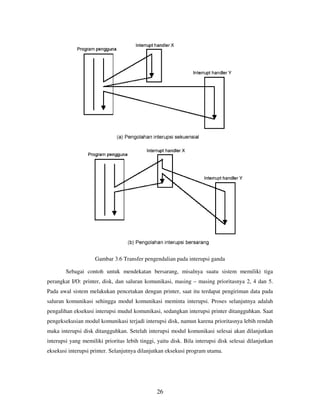 26
Gambar 3.6 Transfer pengendalian pada interupsi ganda
Sebagai contoh untuk mendekatan bersarang, misalnya suatu sistem memiliki tiga
perangkat I/O: printer, disk, dan saluran komunikasi, masing – masing prioritasnya 2, 4 dan 5.
Pada awal sistem melakukan pencetakan dengan printer, saat itu terdapat pengiriman data pada
saluran komunikasi sehingga modul komunikasi meminta interupsi. Proses selanjutnya adalah
pengalihan eksekusi interupsi mudul komunikasi, sedangkan interupsi printer ditangguhkan. Saat
pengeksekusian modul komunikasi terjadi interupsi disk, namun karena prioritasnya lebih rendah
maka interupsi disk ditangguhkan. Setelah interupsi modul komunikasi selesai akan dilanjutkan
interupsi yang memiliki prioritas lebih tinggi, yaitu disk. Bila interupsi disk selesai dilanjutkan
eksekusi interupsi printer. Selanjutnya dilanjutkan eksekusi program utama.
 