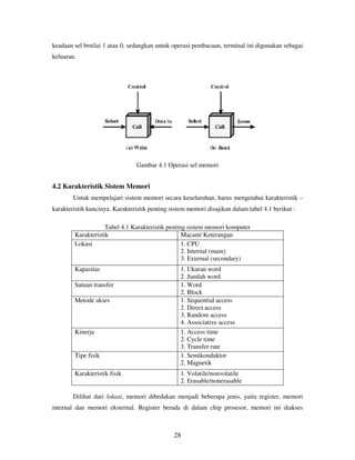 28
keadaan sel brnilai 1 atau 0, sedangkan untuk operasi pembacaan, terminal ini digunakan sebagai
keluaran.
Gambar 4.1 Operasi sel memori
4.2 Karakteristik Sistem Memori
Untuk mempelajari sistem memori secara keseluruhan, harus mengetahui karakteristik –
karakteristik kuncinya. Karakteristik penting sistem memori disajikan dalam tabel 4.1 berikut :
Tabel 4.1 Karakteristik penting sistem memori komputer
Karakteristik Macam/ Keterangan
Lokasi 1. CPU
2. Internal (main)
3. External (secondary)
Kapasitas 1. Ukuran word
2. Jumlah word
Satuan transfer 1. Word
2. Block
Metode akses 1. Sequential access
2. Direct access
3. Random access
4. Associative access
Kinerja 1. Access time
2. Cycle time
3. Transfer rate
Tipe fisik 1. Semikonduktor
2. Magnetik
Karakteristik fisik 1. Volatile/nonvolatile
2. Erasable/nonerasable
Dilihat dari lokasi, memori dibedakan menjadi beberapa jenis, yaitu register, memori
internal dan memori eksternal. Register berada di dalam chip prosesor, memori ini diakses
 