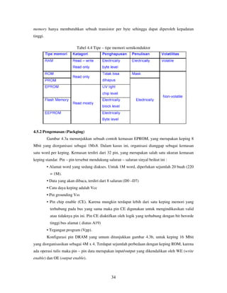 34
memory hanya membutuhkan sebuah transistor per byte sehingga dapat diperoleh kepadatan
tinggi.
Tabel 4.4 Tipe – tipe memori semikonduktor
4.5.2 Pengemasan (Packging)
Gambar 4.3a menunjukkan sebuah contoh kemasan EPROM, yang merupakan keping 8
Mbit yang diorganisasi sebagai 1Mx8. Dalam kasus ini, organisasi dianggap sebagai kemasan
satu word per keping. Kemasan terdiri dari 32 pin, yang merupakan salah satu ukuran kemasan
keping standar. Pin – pin tersebut mendukung saluran – saluran sinyal beikut ini :
• Alamat word yang sedang diakses. Untuk 1M word, diperlukan sejumlah 20 buah (220
= 1M).
• Data yang akan dibaca, terdiri dari 8 saluran (D0 –D7)
• Catu daya keping adalah Vcc
• Pin grounding Vss
• Pin chip enable (CE). Karena mungkin terdapat lebih dari satu keping memori yang
terhubung pada bus yang sama maka pin CE digunakan untuk mengindikasikan valid
atau tidaknya pin ini. Pin CE diaktifkan oleh logik yang terhubung dengan bit berorde
tinggi bus alamat ( diatas A19)
• Tegangan program (Vpp).
Konfigurasi pin DRAM yang umum ditunjukkan gambar 4.3b, untuk keping 16 Mbit
yang diorganisasikan sebagai 4M x 4. Terdapat sejumlah perbedaan dengan keping ROM, karena
ada operasi tulis maka pin – pin data merupakan input/output yang dikendalikan oleh WE (write
enable) dan OE (output enable).
 