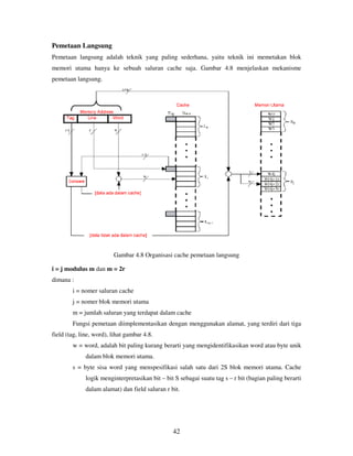 42
Pemetaan Langsung
Pemetaan langsung adalah teknik yang paling sederhana, yaitu teknik ini memetakan blok
memori utama hanya ke sebuah saluran cache saja. Gambar 4.8 menjelaskan mekanisme
pemetaan langsung.
Gambar 4.8 Organisasi cache pemetaan langsung
i = j modulus m dan m = 2r
dimana :
i = nomer saluran cache
j = nomer blok memori utama
m = jumlah saluran yang terdapat dalam cache
Fungsi pemetaan diimplementasikan dengan menggunakan alamat, yang terdiri dari tiga
field (tag, line, word), lihat gambar 4.8.
w = word, adalah bit paling kurang berarti yang mengidentifikasikan word atau byte unik
dalam blok memori utama.
s = byte sisa word yang menspesifikasi salah satu dari 2S blok memori utama. Cache
logik menginterpretasikan bit – bit S sebagai suatu tag s – r bit (bagian paling berarti
dalam alamat) dan field saluran r bit.
 