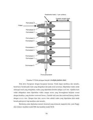 54
Gambar 5.5 Disk piringan banyak (multiple platters disk)
Disk drive beroperasi dengan kecepatan konstan. Untuk dapat membaca dan menulis,
head harus berada pada track yang diinginkan dan pada awal sectornya. Diperlukan waktu untuk
mencapai track yang diinginkan, waktu yang diperlukan disebut aebagai seek time. Apabila track
sudah didapatkan maka diperlukan waktu sampai sector yang bersangkutan berputar sesuai
dengan headnya, yang disebut rotational latency. Jumlah seek time dan rotational latency disebut
dengan access time. Dengan kata lain, access time adalah waktu yang diperlukan disk untuk
berada pada posisi siap membaca atau menulis.
Berikutnya akan dijelaskan memori eksternal yang termasuk magnetik disk, yaitu floppy
disk (disket), harddisk model IDE dan harddisk model SCSI.
 