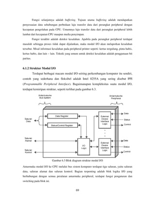 69
Fungsi selanjutnya adalah buffering. Tujuan utama buffering adalah mendapatkan
penyesuaian data sehubungan perbedaan laju transfer data dari perangkat peripheral dengan
kecepatan pengolahan pada CPU. Umumnya laju transfer data dari perangkat peripheral lebih
lambat dari kecepatan CPU maupun media penyimpan.
Fungsi terakhir adalah deteksi kesalahan. Apabila pada perangkat peripheral terdapat
masalah sehingga proses tidak dapat dijalankan, maka modul I/O akan melaporkan kesalahan
tersebut. Misal informasi kesalahan pada peripheral printer seperti: kertas tergulung, pinta habis,
kertas habis, dan lain – lain. Teknik yang umum untuk deteksi kesalahan adalah penggunaan bit
paritas.
6.1.2 Struktur Modul I/O
Terdapat berbagai macam modul I/O seiring perkembangan komputer itu sendiri,
contoh yang sederhana dan fleksibel adalah Intel 8255A yang sering disebut PPI
(Programmable Peripheral Interface). Bagaimanapun kompleksitas suatu modul I/O,
terdapat kemiripan struktur, seperti terlihat pada gambar 6.3.
Gambar 6.3 Blok diagram struktur modul I/O
Antarmuka modul I/O ke CPU melalui bus sistem komputer terdapat tiga saluran, yaitu saluran
data, saluran alamat dan saluran kontrol. Bagian terpenting adalah blok logika I/O yang
berhubungan dengan semua peralatan antarmuka peripheral, terdapat fungsi pengaturan dan
switching pada blok ini.
 