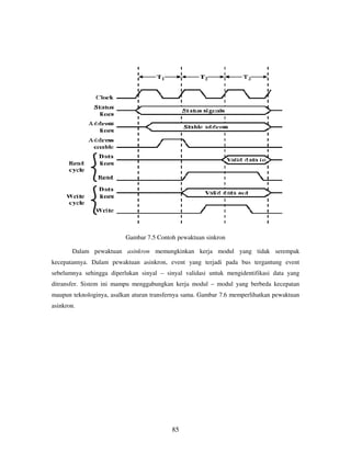 85
Gambar 7.5 Contoh pewaktuan sinkron
Dalam pewaktuan asinkron memungkinkan kerja modul yang tidak serempak
kecepatannya. Dalam pewaktuan asinkron, event yang terjadi pada bus tergantung event
sebelumnya sehingga diperlukan sinyal – sinyal validasi untuk mengidentifikasi data yang
ditransfer. Sistem ini mampu menggabungkan kerja modul – modul yang berbeda kecepatan
maupun teknologinya, asalkan aturan transfernya sama. Gambar 7.6 memperlihatkan pewaktuan
asinkron.
 