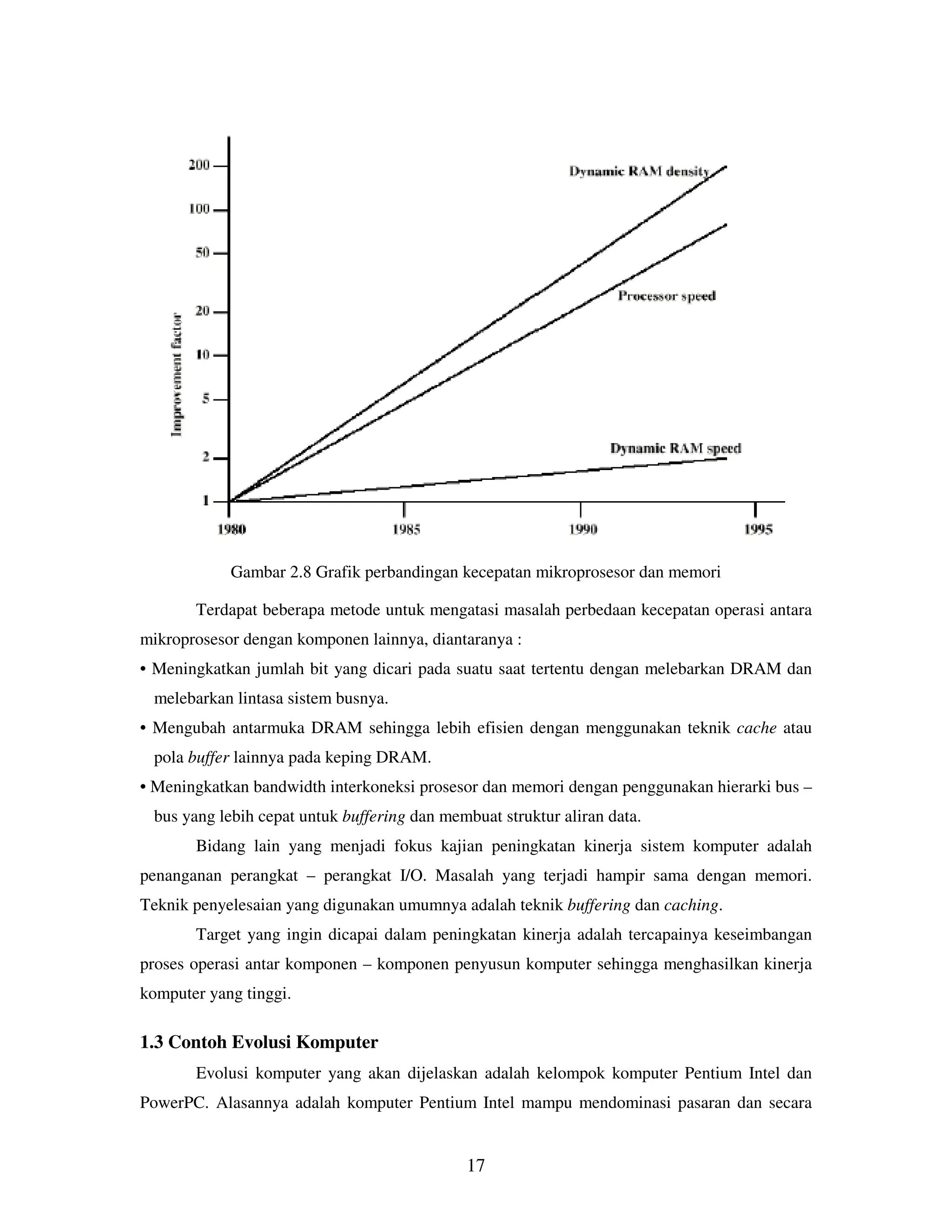 17
Gambar 2.8 Grafik perbandingan kecepatan mikroprosesor dan memori
Terdapat beberapa metode untuk mengatasi masalah perbedaan kecepatan operasi antara
mikroprosesor dengan komponen lainnya, diantaranya :
• Meningkatkan jumlah bit yang dicari pada suatu saat tertentu dengan melebarkan DRAM dan
melebarkan lintasa sistem busnya.
• Mengubah antarmuka DRAM sehingga lebih efisien dengan menggunakan teknik cache atau
pola buffer lainnya pada keping DRAM.
• Meningkatkan bandwidth interkoneksi prosesor dan memori dengan penggunakan hierarki bus –
bus yang lebih cepat untuk buffering dan membuat struktur aliran data.
Bidang lain yang menjadi fokus kajian peningkatan kinerja sistem komputer adalah
penanganan perangkat – perangkat I/O. Masalah yang terjadi hampir sama dengan memori.
Teknik penyelesaian yang digunakan umumnya adalah teknik buffering dan caching.
Target yang ingin dicapai dalam peningkatan kinerja adalah tercapainya keseimbangan
proses operasi antar komponen – komponen penyusun komputer sehingga menghasilkan kinerja
komputer yang tinggi.
1.3 Contoh Evolusi Komputer
Evolusi komputer yang akan dijelaskan adalah kelompok komputer Pentium Intel dan
PowerPC. Alasannya adalah komputer Pentium Intel mampu mendominasi pasaran dan secara
 