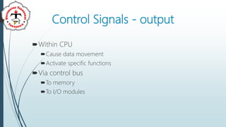 Control Signals - output
Within CPU
Cause data movement
Activate specific functions
Via control bus
To memory
To I/O modules
 