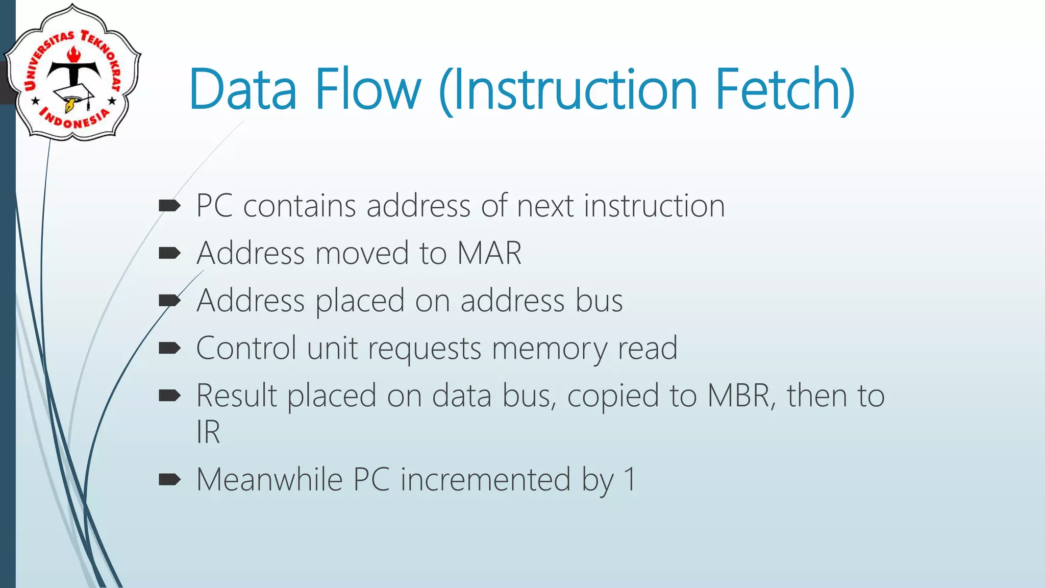 Data Flow (Instruction Fetch)
 PC contains address of next instruction
 Address moved to MAR
 Address placed on address bus
 Control unit requests memory read
 Result placed on data bus, copied to MBR, then to
IR
 Meanwhile PC incremented by 1
 