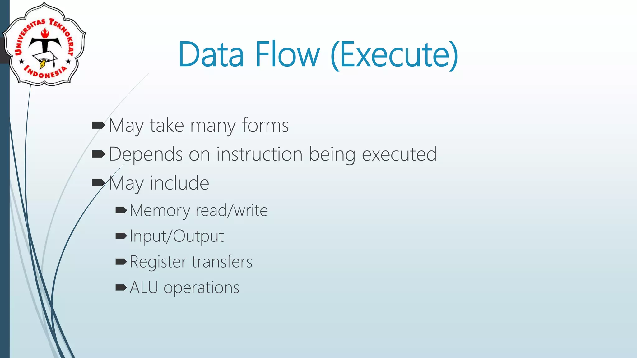 Data Flow (Execute)
May take many forms
Depends on instruction being executed
May include
Memory read/write
Input/Output
Register transfers
ALU operations
 