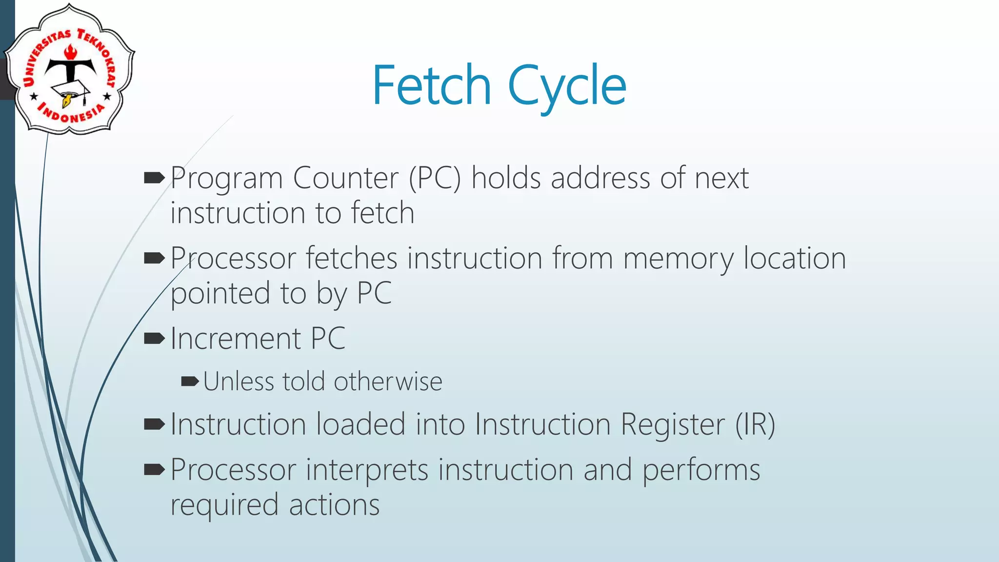 Fetch Cycle
Program Counter (PC) holds address of next
instruction to fetch
Processor fetches instruction from memory location
pointed to by PC
Increment PC
Unless told otherwise
Instruction loaded into Instruction Register (IR)
Processor interprets instruction and performs
required actions
 