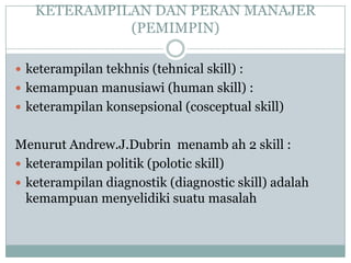 KETERAMPILAN DAN PERAN MANAJER
(PEMIMPIN)
 keterampilan tekhnis (tehnical skill) :
 kemampuan manusiawi (human skill) :
 keterampilan konsepsional (cosceptual skill)
Menurut Andrew.J.Dubrin menamb ah 2 skill :
 keterampilan politik (polotic skill)
 keterampilan diagnostik (diagnostic skill) adalah
kemampuan menyelidiki suatu masalah
 
