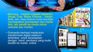 Contoh kasus media : Kompas Gramedia
• Menutup majalah-majalah Kawanku,
Sinyal, Chip, Motor, Fortune, Harian
Bola, dan Jeep karena mulai kesulitan
mendapatkan pendapatan dari media
fisik, lalu beralih ke media online
(website dan mobile)
• Gramedia berhasil melakukan
transformasi digital sebelum
terlambat untuk beradaptasi
dengan trend pembaca yang mulai
beralih ke media online
Befor
e
After
 
