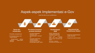 Aspek-aspek Implementasi e-Gov
Insert the title of your subtitleHere
- Penyediaan perangkatkeras
- Pemasangan jaringan (LAN
maupun internet)
- Pengembangan aplikasi
(software) sistem-sistem
informasi
Teknis dan
Infrastruktur
- Perubahan tatalaksana
diperlukan untuk
memaksimalkan dukungan
TIK
- Diwujudkan dalam bentu
standard operating
procedures (SOP) atau
termuat dalam tupoksi SKPD
Perubahan Prosedur-
prosedur Birokrasi
Operator : pemahaman cara
mengoperasikan aplikasi dan
menjalankan prosedur terkait
Pejabat terkait : pemahaman
sistem baru dalam perspektif
pelayanan publik / koordinasi antar
instansi
SDM Teknis : melakukan
pemeliharaan dan perawatan rutin
Pemberdayaan
SDM
- Penjaminan tingkatpelayanan
(quality of service)
- Pengamanan sistem komputer
Operasional dan
Pemeliharaan Sistem
 