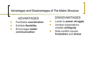 Advantages and Disadvantages of The Matrix Structure ADVANTAGES Facilitates  coordination Exhibits  flexibility Encourages  better   communication DISADVANTAGES Leads to  power   struggle Unclear expectations creates  ambiguity Role-conflict causes  frustration  and  stress 