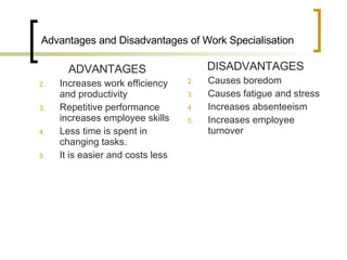 Advantages and Disadvantages of Work Specialisation ADVANTAGES Increases work efficiency and productivity Repetitive performance increases employee skills Less time is spent in changing tasks. It is easier and costs less DISADVANTAGES Causes boredom  Causes fatigue and stress Increases absenteeism Increases employee turnover 