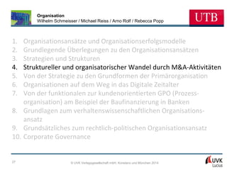 Organisation
Wilhelm Schmeisser / Michael Reiss / Arno Rolf / Rebecca Popp

1.
2.
3.
4.
5.
6.
7.

Organisationsansätze und Organisationserfolgsmodelle
Grundlegende Überlegungen zu den Organisationsansätzen
Strategien und Strukturen
Struktureller und organisatorischer Wandel durch M&A-Aktivitäten
Von der Strategie zu den Grundformen der Primärorganisation
Organisationen auf dem Weg in das Digitale Zeitalter
Von der funktionalen zur kundenorientierten GPO (Prozessorganisation) am Beispiel der Baufinanzierung in Banken
8. Grundlagen zum verhaltenswissenschaftlichen Organisationsansatz
9. Grundsätzliches zum rechtlich-politischen Organisationsansatz
10. Corporate Governance

27

© UVK Verlagsgesellschaft mbH, Konstanz und München 2014

 