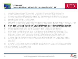 Organisation
Wilhelm Schmeisser / Michael Reiss / Arno Rolf / Rebecca Popp

1.
2.
3.
4.
5.
6.
7.

Organisationsansätze und Organisationserfolgsmodelle
Grundlegende Überlegungen zu den Organisationsansätzen
Strategien und Strukturen
Struktureller und organisatorischer Wandel durch M&A-Aktivitäten
Von der Strategie zu den Grundformen der Primärorganisation
Organisationen auf dem Weg in das Digitale Zeitalter
Von der funktionalen zur kundenorientierten GPO (Prozessorganisation) am Beispiel der Baufinanzierung in Banken
8. Grundlagen zum verhaltenswissenschaftlichen Organisationsansatz
9. Grundsätzliches zum rechtlich-politischen Organisationsansatz
10. Corporate Governance

32

© UVK Verlagsgesellschaft mbH, Konstanz und München 2014

 