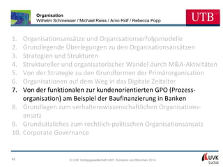 Organisation
Wilhelm Schmeisser / Michael Reiss / Arno Rolf / Rebecca Popp

1.
2.
3.
4.
5.
6.
7.

Organisationsansätze und Organisationserfolgsmodelle
Grundlegende Überlegungen zu den Organisationsansätzen
Strategien und Strukturen
Struktureller und organisatorischer Wandel durch M&A-Aktivitäten
Von der Strategie zu den Grundformen der Primärorganisation
Organisationen auf dem Weg in das Digitale Zeitalter
Von der funktionalen zur kundenorientierten GPO (Prozessorganisation) am Beispiel der Baufinanzierung in Banken
8. Grundlagen zum verhaltenswissenschaftlichen Organisationsansatz
9. Grundsätzliches zum rechtlich-politischen Organisationsansatz
10. Corporate Governance

62

© UVK Verlagsgesellschaft mbH, Konstanz und München 2014

 