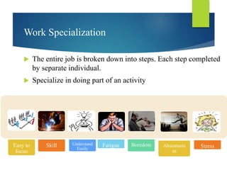Work Specialization
 The entire job is broken down into steps. Each step completed
by separate individual.
 Specialize in doing part of an activity
Easy to
focus
Skill Understand
Easily
Fatigue Boredom Absenteeis
m
Stress
 