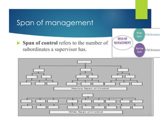 Span of management
 Span of control refers to the number of
subordinates a supervisor has.
 