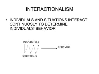 INTERACTIONALISM INDIVIDUALS AND SITUATIONS INTERACT CONTINUOSLY TO DETERMINE INDIVIDUALS’ BEHAVIOR INDIVIDUALS SITUATIONS BEHAVIOR 