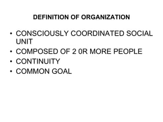 DEFINITION OF ORGANIZATION CONSCIOUSLY COORDINATED SOCIAL UNIT COMPOSED OF 2 0R MORE PEOPLE CONTINUITY COMMON GOAL 