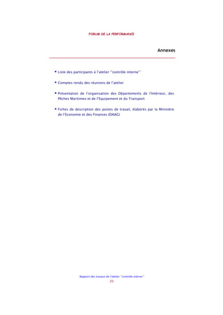 FORUM DE LA PERFORMANCE
Rapport des travaux de l’atelier ‘’contrôle interne’’
20
Annexes
________________________________________________________
Liste des participants à l’atelier ‘’contrôle interne’’
Comptes rendu des réunions de l’atelier
Présentation de l’organisation des Départements de l’Intérieur, des
Pêches Maritimes et de l’Equipement et du Transport
Fiches de description des postes de travail, élaborés par la Ministère
de l’Economie et des Finances (DAAG)
 