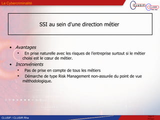 SSI au sein d'une direction métier  Avantages En prise naturelle avec les risques de l’entreprise surtout si le métier choisi est le cœur de métier. Inconvénients Pas de prise en compte de tous les métiers Démarche de type Risk Management non-assurée du point de vue méthodologique. 