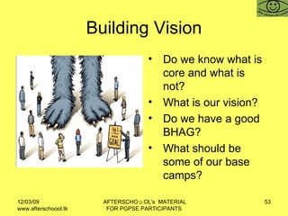 Building Vision <ul><li>Do we know what is core and what is not? </li></ul><ul><li>What is our vision? </li></ul><ul><li>D...
