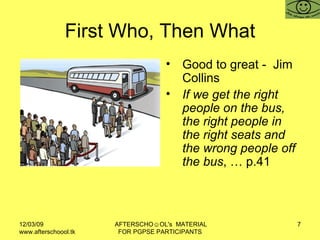 First Who, Then What <ul><li>Good to great -  Jim Collins  </li></ul><ul><li>If we get the right people on the bus, the ri...