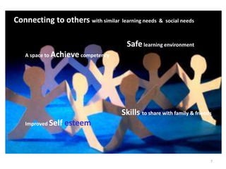 Connecting to others with similar learning needs & social needs

                                       Safe learning environment
   A space to Achieve competency




                                     Skills to share with family & friends
   Improved Self   esteem



                                                                         7
 