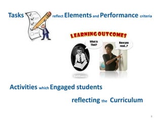 Tasks          reflect   Elements and Performance criteria




Activities which Engaged students
                           reflecting the Curriculum

                                                         8
 