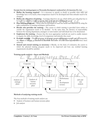 Excerpts from the training program on ‘Personality Development’ conducted by L. R. Associates Pvt. Ltd.
•   Define the learning required – It is necessary to specify as clearly as possible what skills and
    knowledge have to be learnt, what competences need to be developed and what attitudes need to be
    changed.
•   Define the objectives of training – Learning objectives are set, which define not only what has to

•
        L. R. Associates Pvt. Ltd.
    be learnt but also what learners must be able to do after their training program.
    Plan training programs – These must be developed to meet the needs and objectives by using the
    right combination of training techniques and locations.
•   Decide who provides the training – The extent to which training is provided from within or
    outside the organization needs to be decided. At the same time, the division of responsibility
    between the training department, managers or team leaders and individuals has to be determined.
•   Implement the training – Ensure that the most appropriate methods are used to enable trainees
    to acquire the skills, knowledge, level of competence and attitudes they need.
•
        L. R. Associates Pvt. Ltd.
    Evaluate training – The effectiveness of training is monitored during programs and, subsequently,
    the impact of training is assessed to determine the extent to which learning objectives have been
    achieved.
•   Amend and extend training as necessary – Decide, on the basis of evaluation, the extent to
    which the planned training program needs to be improved and how any residual learning
    requirements should be satisfied.


Training needs analysis – Areas and Methods
        L. R. Associates Pvt. Ltd.
              Corporate                          Group                          Individual




        L. R. Associates Pvt. Ltd.                                   Performance
Analysis of            Analysis of                                                              Job and
                                                Training             &
 strategic               human                                                                     role
                                                surveys              development
   plans                resource                                                                 analysis
                                                                     reviews
                          plans



Methods of analyzing training needs

The four methods of training needs analysis are:
• Analysis of business and human resource plans
• Job analysis




Compilation - Courtesy L. R. Team                                       For Private Circulation Only at IIPM
 