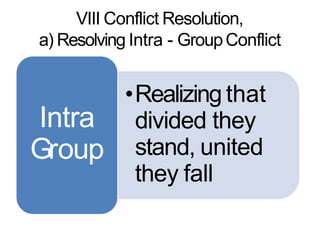 VIII Conflict Resolution,
a) Resolving Intra - GroupConflict
•Realizing that
divided they
stand, united
they fall
Intra
Group
 