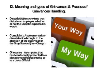 IX. Meaning andtypes of Grievances& Processof
GrievancesHandling.
• Dissatisfaction :Anything that
disturbsanemployee, whether
or not the unrestisexpressedin
words.
• Complaint : Aspokenor written
dissatisfactionbroughtto the
attention of the supervisoror
the ShopSteward( In – Charge).
• Grievance : Acomplaintthat
hasbeenformally presentedto a
Management Representativeor
to aUnionOfficial
 