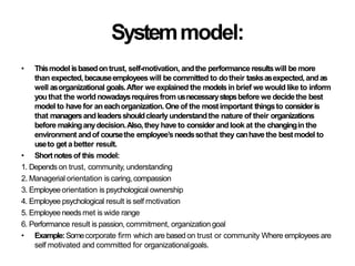 Systemmodel:
• Thismodel isbasedontrust, self-motivation, andthe performance resultswill bemore
than expected, becauseemployeeswill be committed to dotheir tasksasexpected,andas
well asorganizational goals.After we explained the modelsin brief we would like to inform
youthat the world nowadaysrequiresfrom usnecessarystepsbefore we decidethe best
model to have for aneachorganization.Oneof the mostimportant thingsto consideris
that managersandleadersshouldclearly understandthe nature of their organizations
before makinganydecision.Also,they have to considerandlook at the changingin the
environment andof coursethe employee’sneedssothat they canhave the bestmodel to
useto get a better result.
• Shortnotesof this model:
1. Depends on trust, community, understanding
2. Managerial orientation is caring,compassion
3. Employeeorientation is psychological ownership
4. Employee psychological result is self motivation
5. Employeeneedsmet is wide range
6. Performance result is passion, commitment, organizationgoal
• Example:Somecorporate firm which are based on trust or community Where employees are
self motivated and committed for organizationalgoals.
 